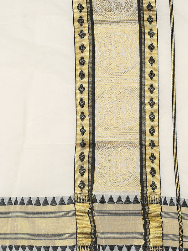 Off White Cotton Set Saree with Black Temple Design Near Golden Kasavu and Peacock Zari Accents
