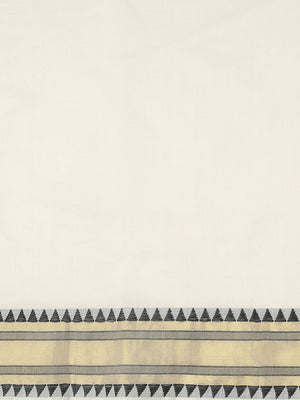 Off White Cotton Set Saree with Black Temple Design Near Golden Kasavu and Peacock Zari Accents