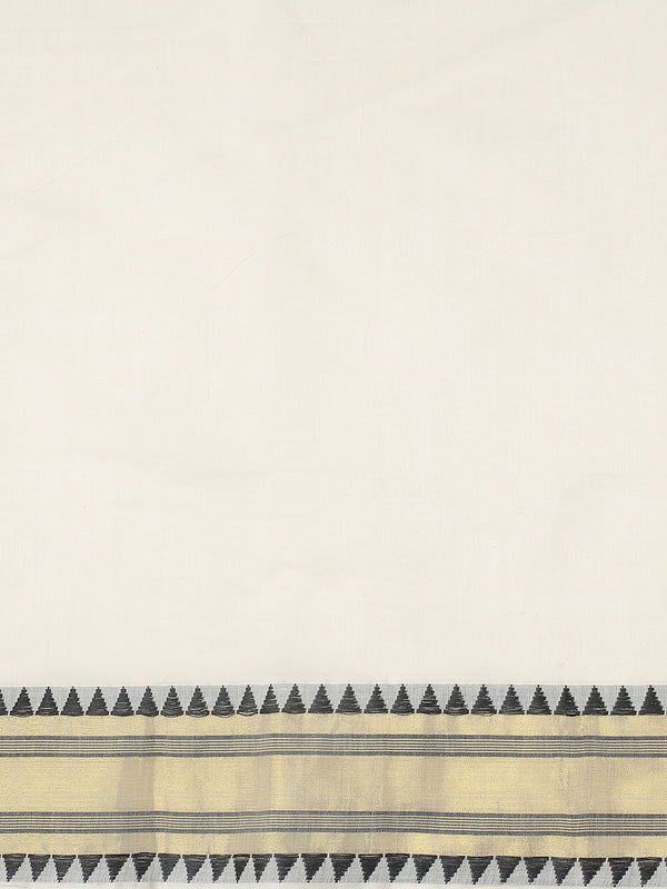 Off White Cotton Set Saree with Black Temple Design Near Golden Kasavu and Peacock Zari Accents