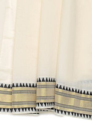Off White Cotton Set Saree with Black Temple Design Near Golden Kasavu and Peacock Zari Accents