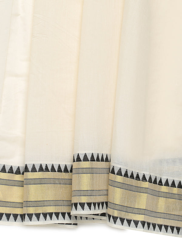 Off White Cotton Set Saree with Black Temple Design Near Golden Kasavu and Peacock Zari Accents