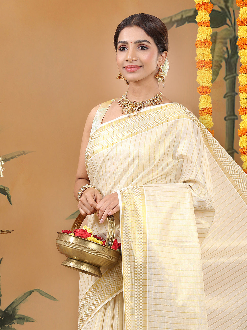 Golden Tissue Saree with Small Checks, Heart Pallu Design & Golden Tassels