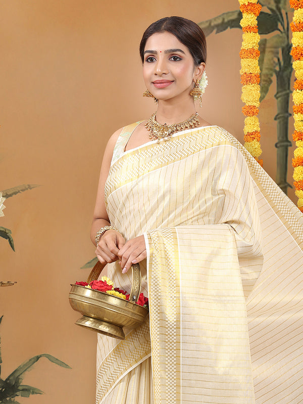 Golden Tissue Saree with Small Checks, Heart Pallu Design & Golden Tassels
