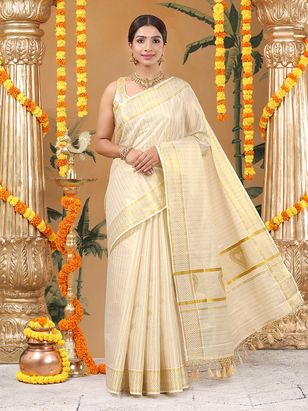 Golden Tissue Saree with Small Checks, Heart Pallu Design & Golden Tassels