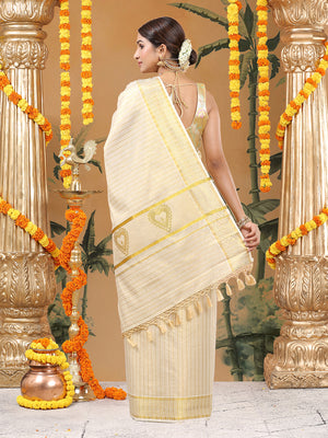 Golden Tissue Saree with Small Checks, Heart Pallu Design & Golden Tassels