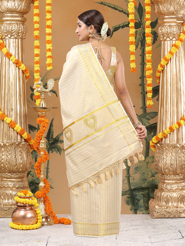 Golden Tissue Saree with Small Checks, Heart Pallu Design & Golden Tassels