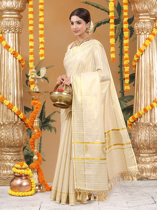 Golden Tissue Saree with Small Checks, Heart Pallu Design & Golden Tassels