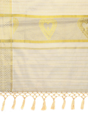 Golden Tissue Saree with Small Checks, Heart Pallu Design & Golden Tassels