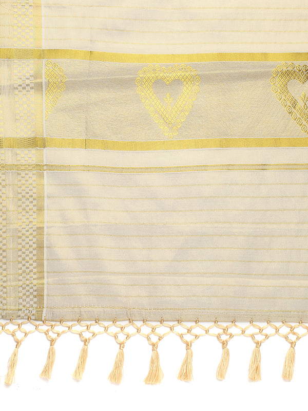 Golden Tissue Saree with Small Checks, Heart Pallu Design & Golden Tassels