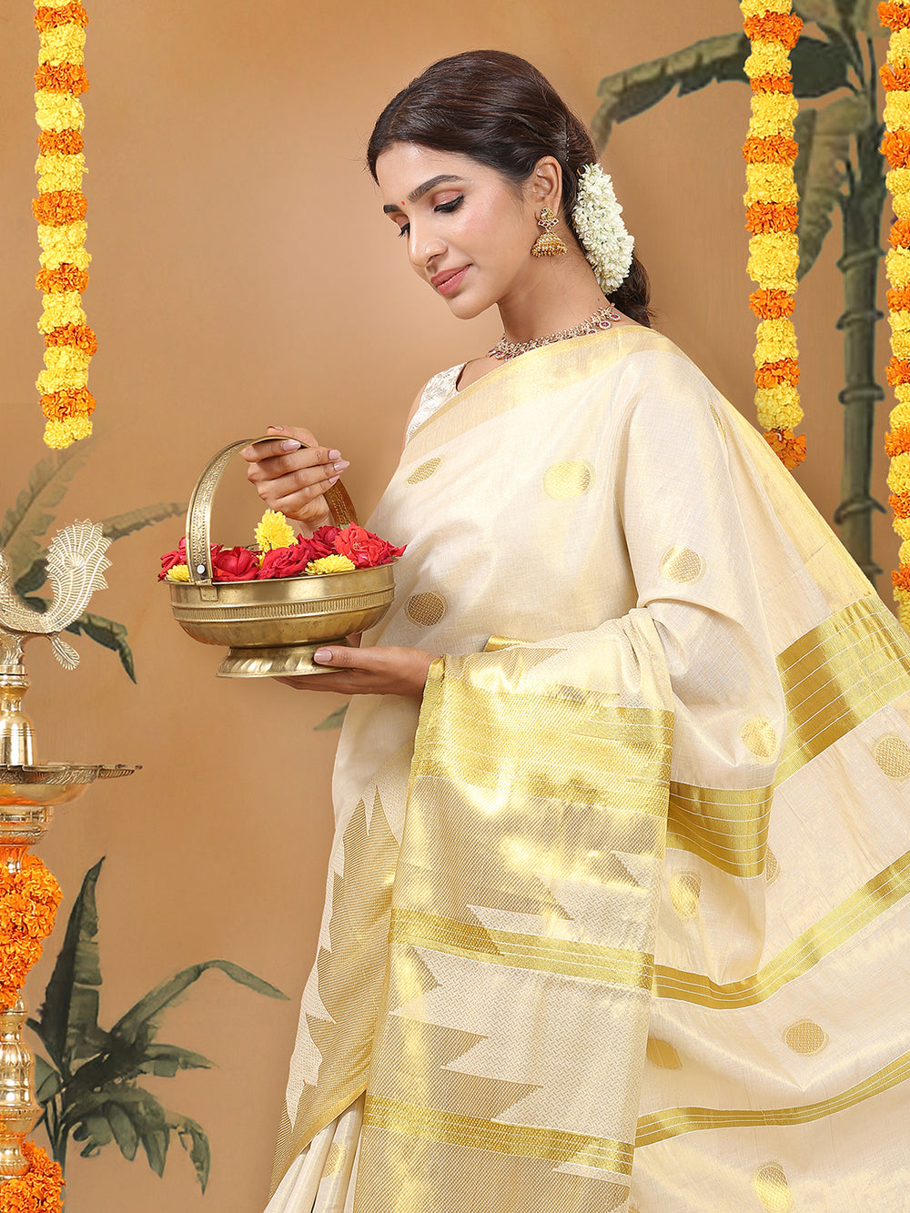 Golden Tissue Saree with Golden Polka Dots & Temple Border Design