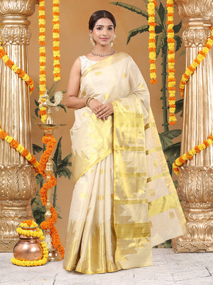 Golden Tissue Saree with Golden Polka Dots & Temple Border Design