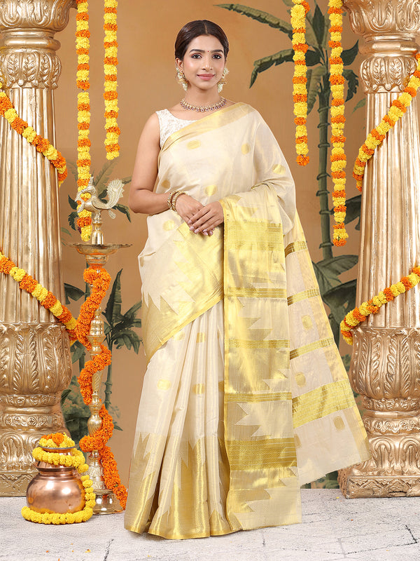 Golden Tissue Saree with Golden Polka Dots & Temple Border Design