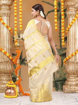Golden Tissue Saree with Golden Polka Dots & Temple Border Design
