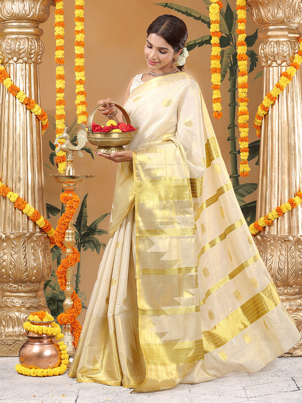 Golden Tissue Saree with Golden Polka Dots & Temple Border Design