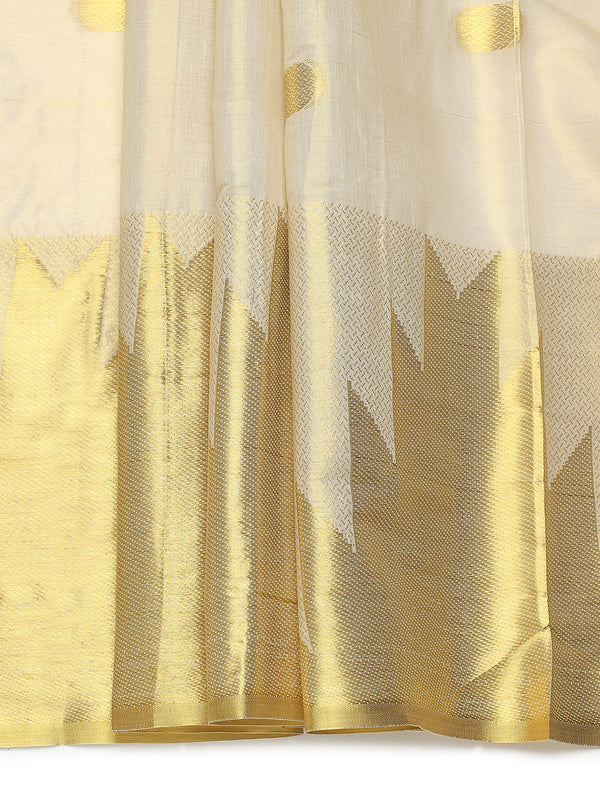 Golden Tissue Saree with Golden Polka Dots & Temple Border Design
