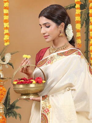 Golden Tissue Set Saree with Kathakali Head & Floral Print On Golden Kasavu Accents