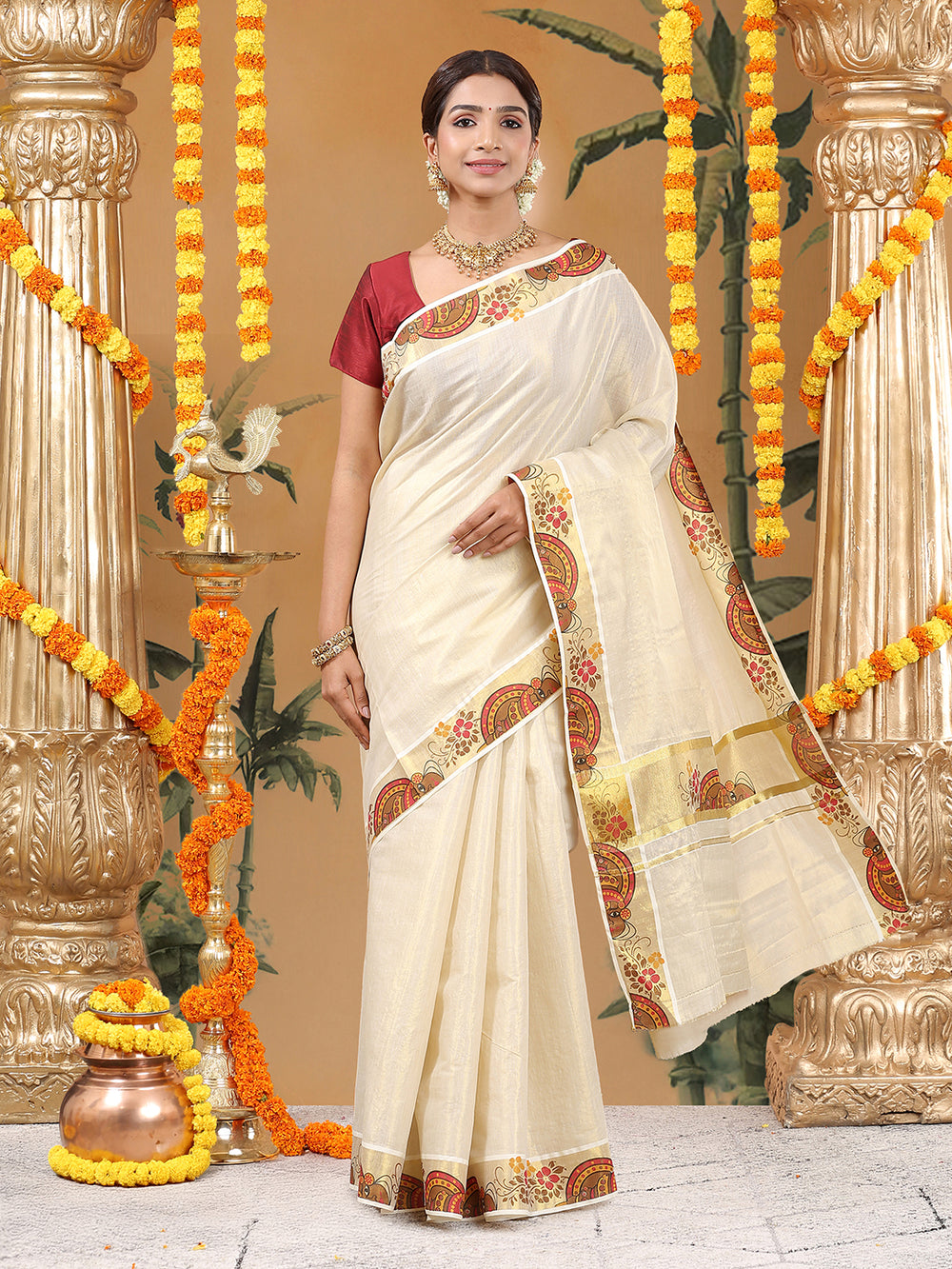 Golden Tissue Set Saree with Kathakali Head & Floral Print On Golden Kasavu Accents