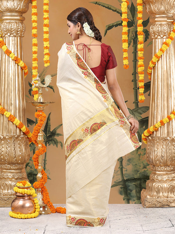 Golden Tissue Set Saree with Kathakali Head & Floral Print On Golden Kasavu Accents