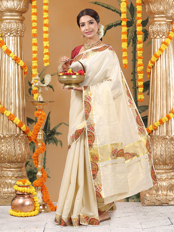 Golden Tissue Set Saree with Kathakali Head & Floral Print On Golden Kasavu Accents
