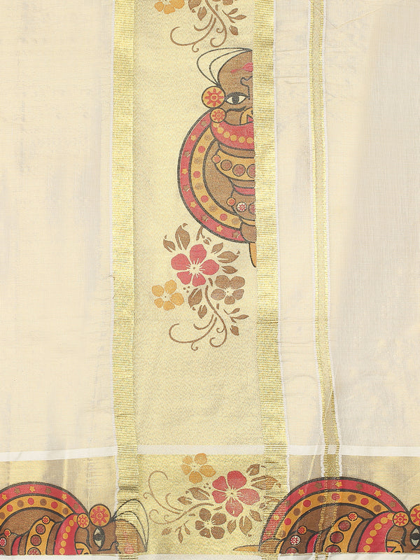 Golden Tissue Set Saree with Kathakali Head & Floral Print On Golden Kasavu Accents