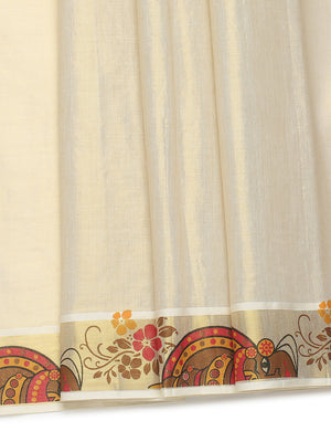 Golden Tissue Set Saree with Kathakali Head & Floral Print On Golden Kasavu Accents