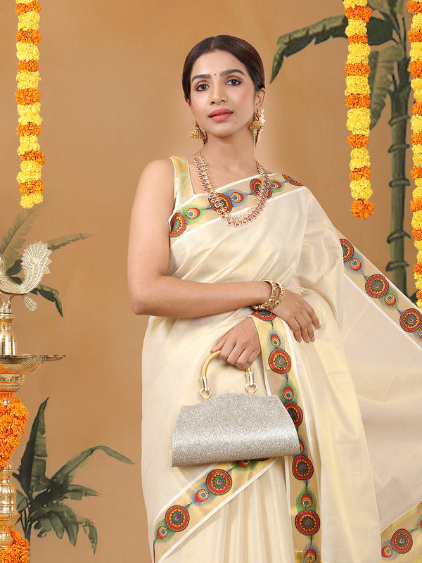Golden Tissue Set Saree with Mural-Inspired Peacock Feather & Circular Motifs