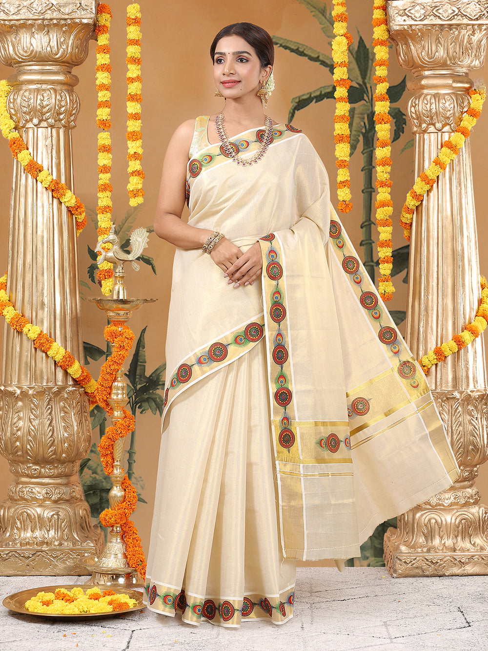 Golden Tissue Set Saree with Mural-Inspired Peacock Feather & Circular Motifs