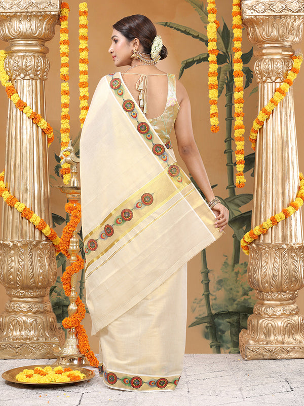 Golden Tissue Set Saree with Mural-Inspired Peacock Feather & Circular Motifs