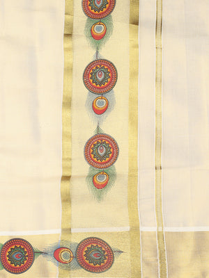 Golden Tissue Set Saree with Mural-Inspired Peacock Feather & Circular Motifs