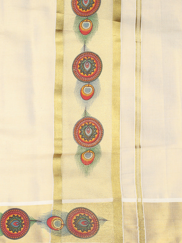 Golden Tissue Set Saree with Mural-Inspired Peacock Feather & Circular Motifs