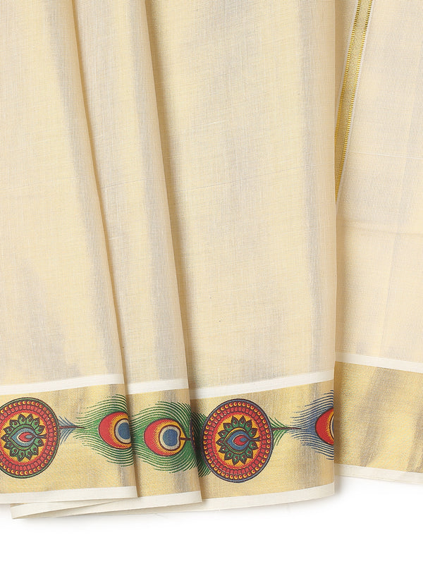 Golden Tissue Set Saree with Mural-Inspired Peacock Feather & Circular Motifs