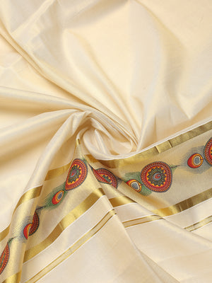 Golden Tissue Set Saree with Mural-Inspired Peacock Feather & Circular Motifs