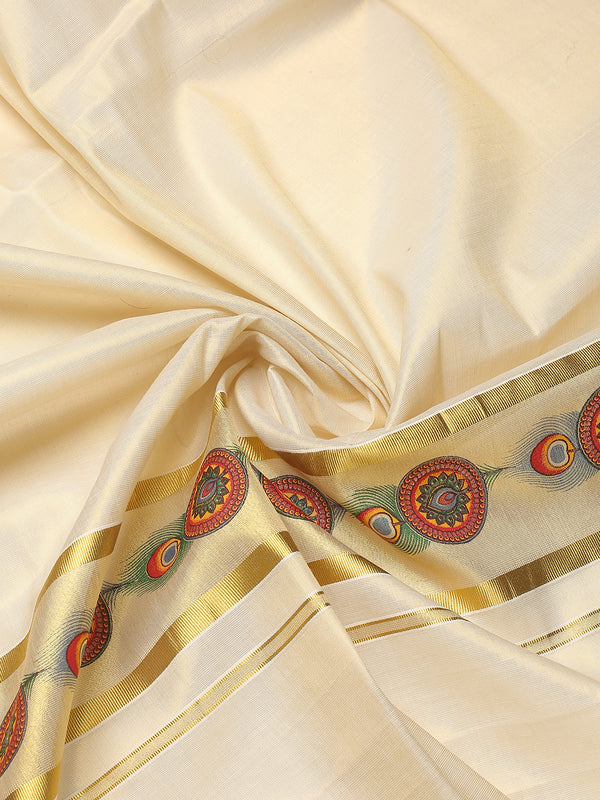 Golden Tissue Set Saree with Mural-Inspired Peacock Feather & Circular Motifs