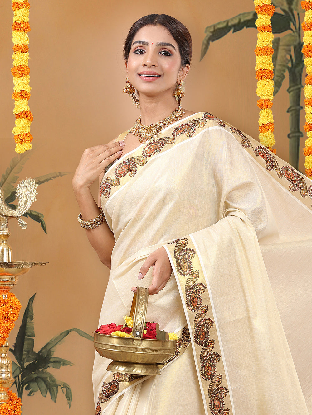 Golden Tissue Set Saree with Peacock Feather and Paisley Print On Golden Kasavu Border