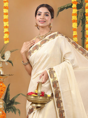 Golden Tissue Set Saree with Peacock Feather and Paisley Print On Golden Kasavu Border