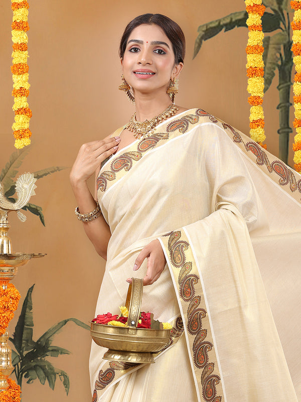 Golden Tissue Set Saree with Peacock Feather and Paisley Print On Golden Kasavu Border