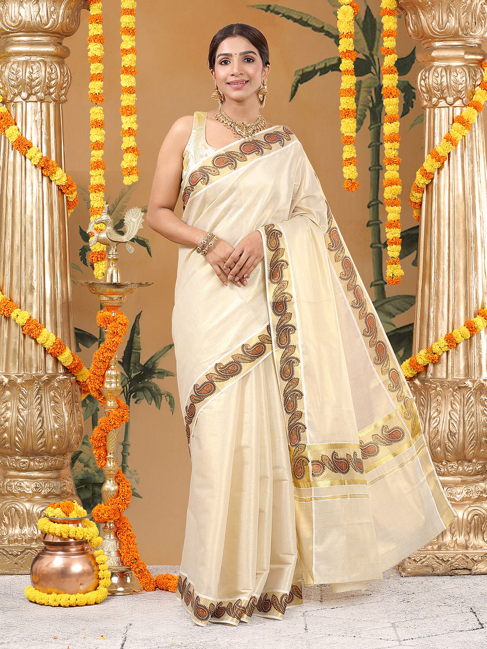Golden Tissue Set Saree with Peacock Feather and Paisley Print On Golden Kasavu Border
