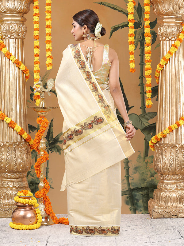 Golden Tissue Set Saree with Peacock Feather and Paisley Print On Golden Kasavu Border