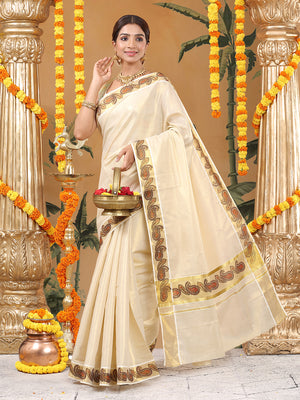 Golden Tissue Set Saree with Peacock Feather and Paisley Print On Golden Kasavu Border