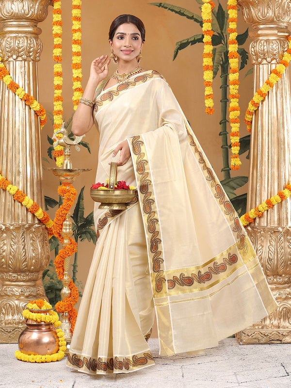 Golden Tissue Set Saree with Peacock Feather and Paisley Print On Golden Kasavu Border