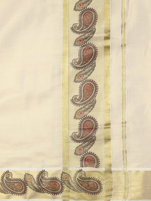 Golden Tissue Set Saree with Peacock Feather and Paisley Print On Golden Kasavu Border