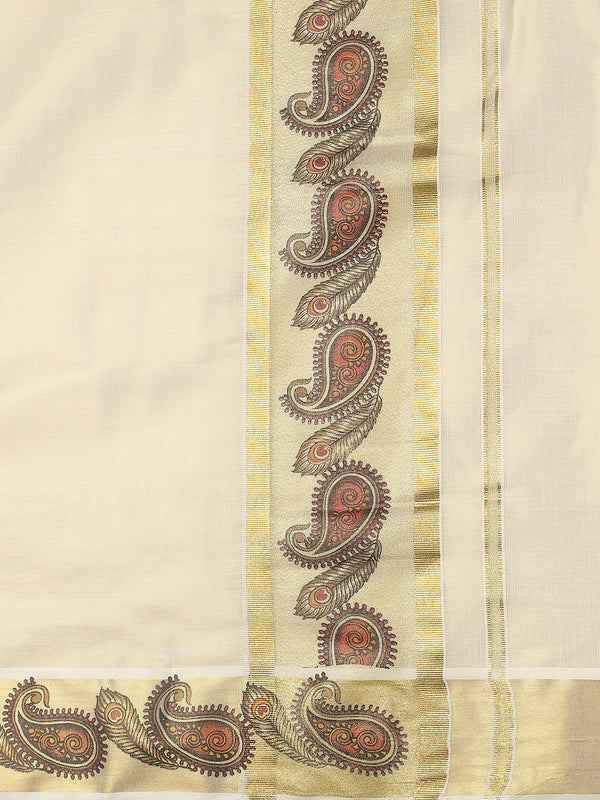 Golden Tissue Set Saree with Peacock Feather and Paisley Print On Golden Kasavu Border