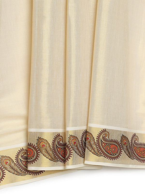 Golden Tissue Set Saree with Peacock Feather and Paisley Print On Golden Kasavu Border