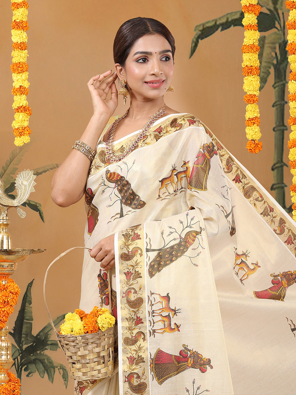 Golden Tissue Set Saree with Peacock Motifs and Artistic Print Detailing