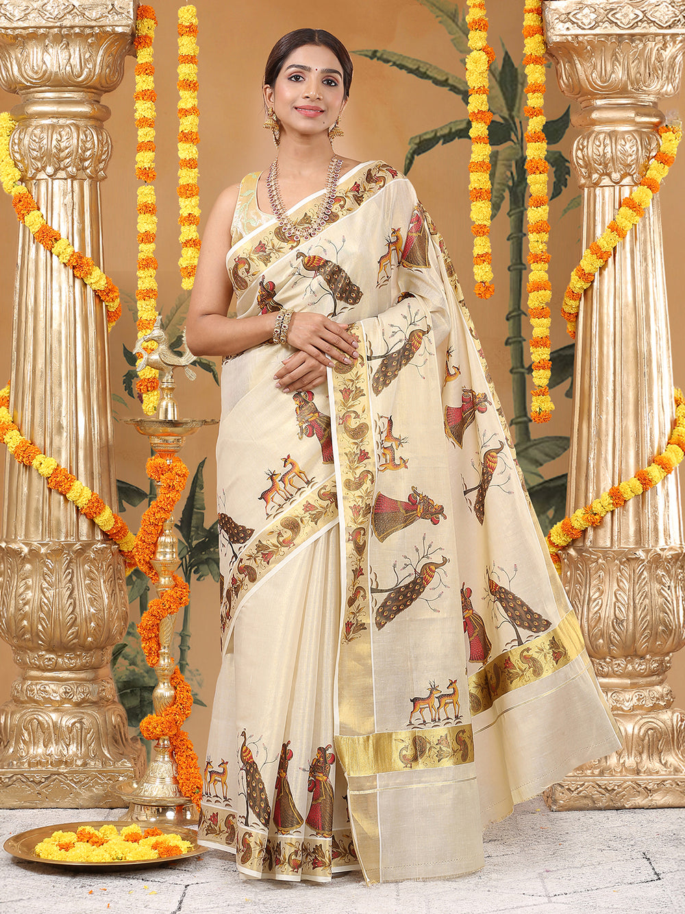 Golden Tissue Set Saree with Peacock Motifs and Artistic Print Detailing