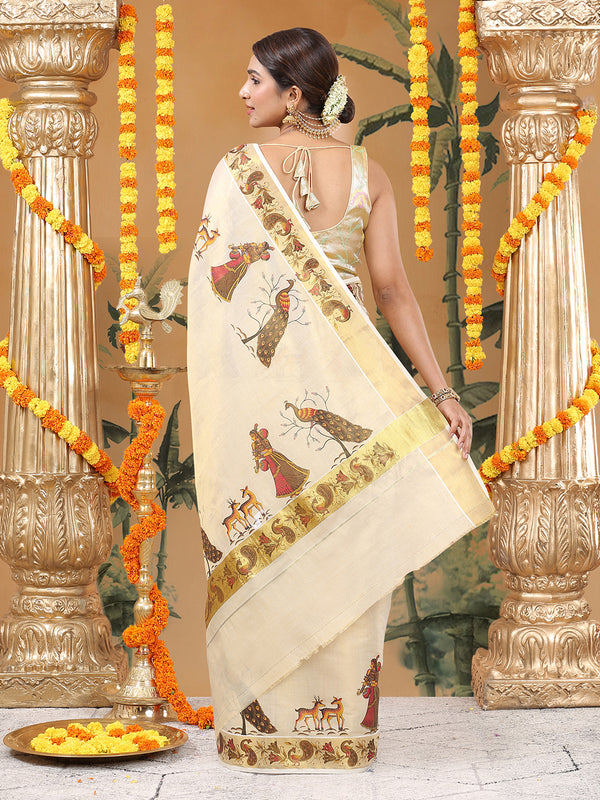 Golden Tissue Set Saree with Peacock Motifs and Artistic Print Detailing