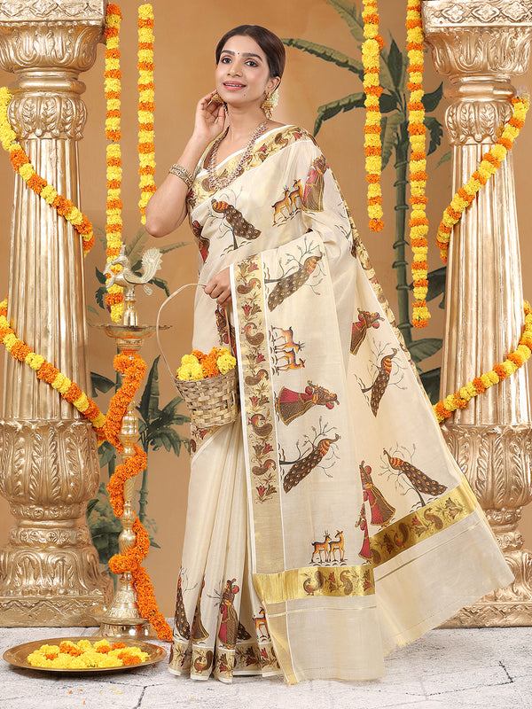 Golden Tissue Set Saree with Peacock Motifs and Artistic Print Detailing