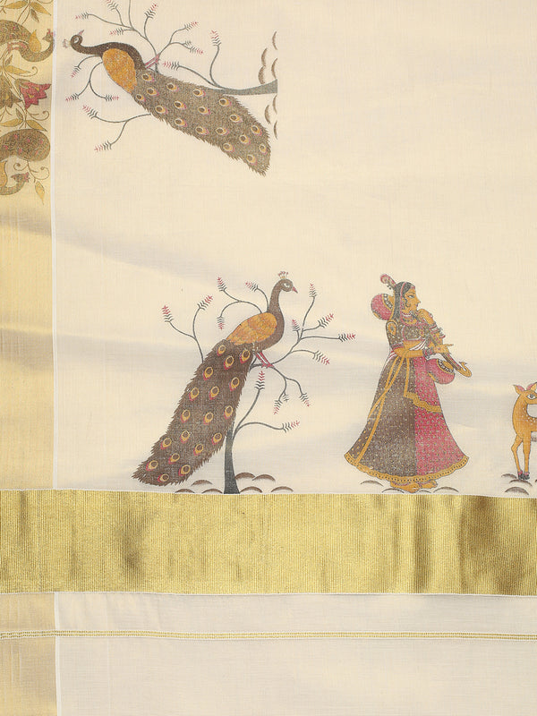 Golden Tissue Set Saree with Peacock Motifs and Artistic Print Detailing