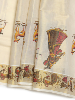 Golden Tissue Set Saree with Peacock Motifs and Artistic Print Detailing