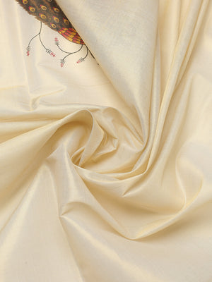 Golden Tissue Set Saree with Peacock Motifs and Artistic Print Detailing